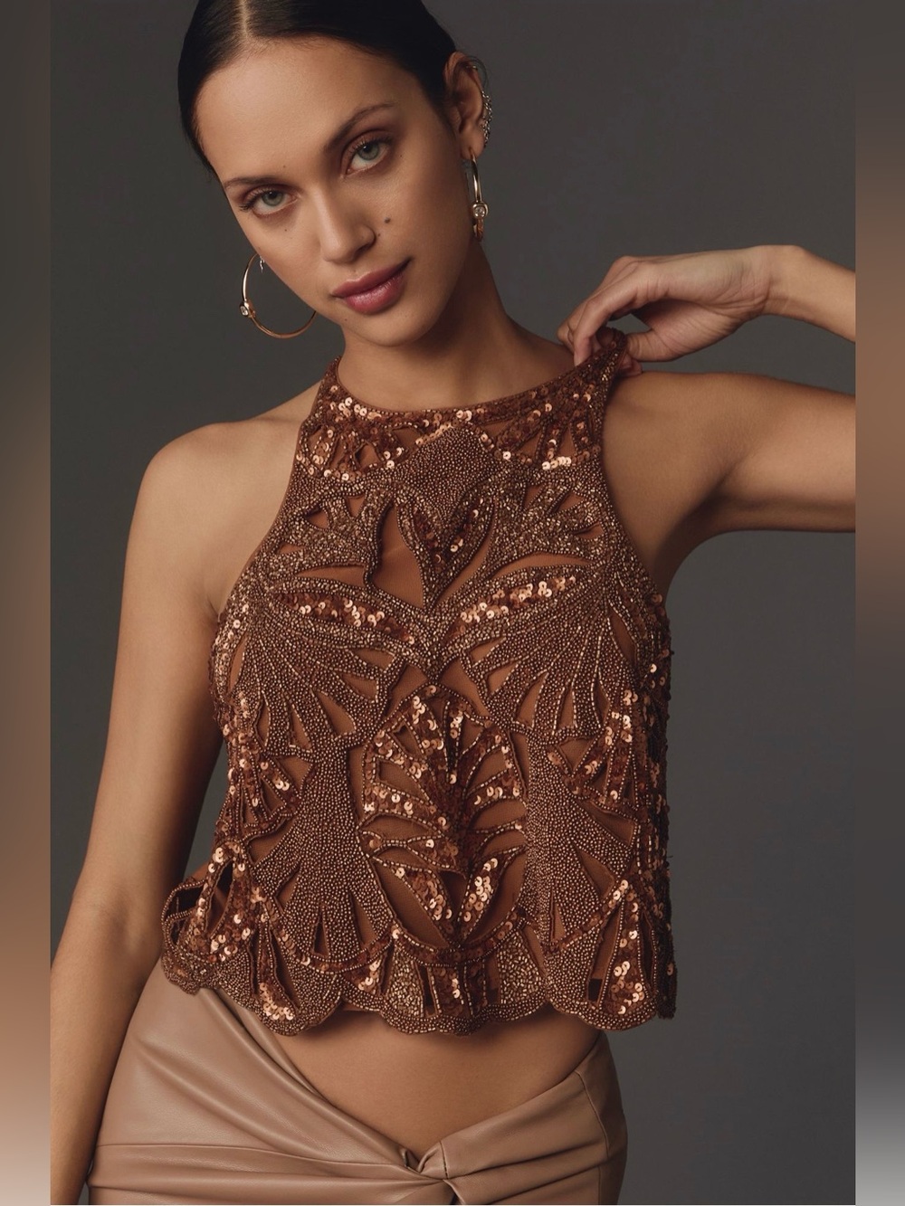 Anthropologie Maeve Embellished Cutwork Cross-Back Tank, Size Large